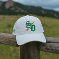 Street Dawah Apparel white 5-panel structured cap with green and gold embroidered logo on a wooden fence outdoors.
